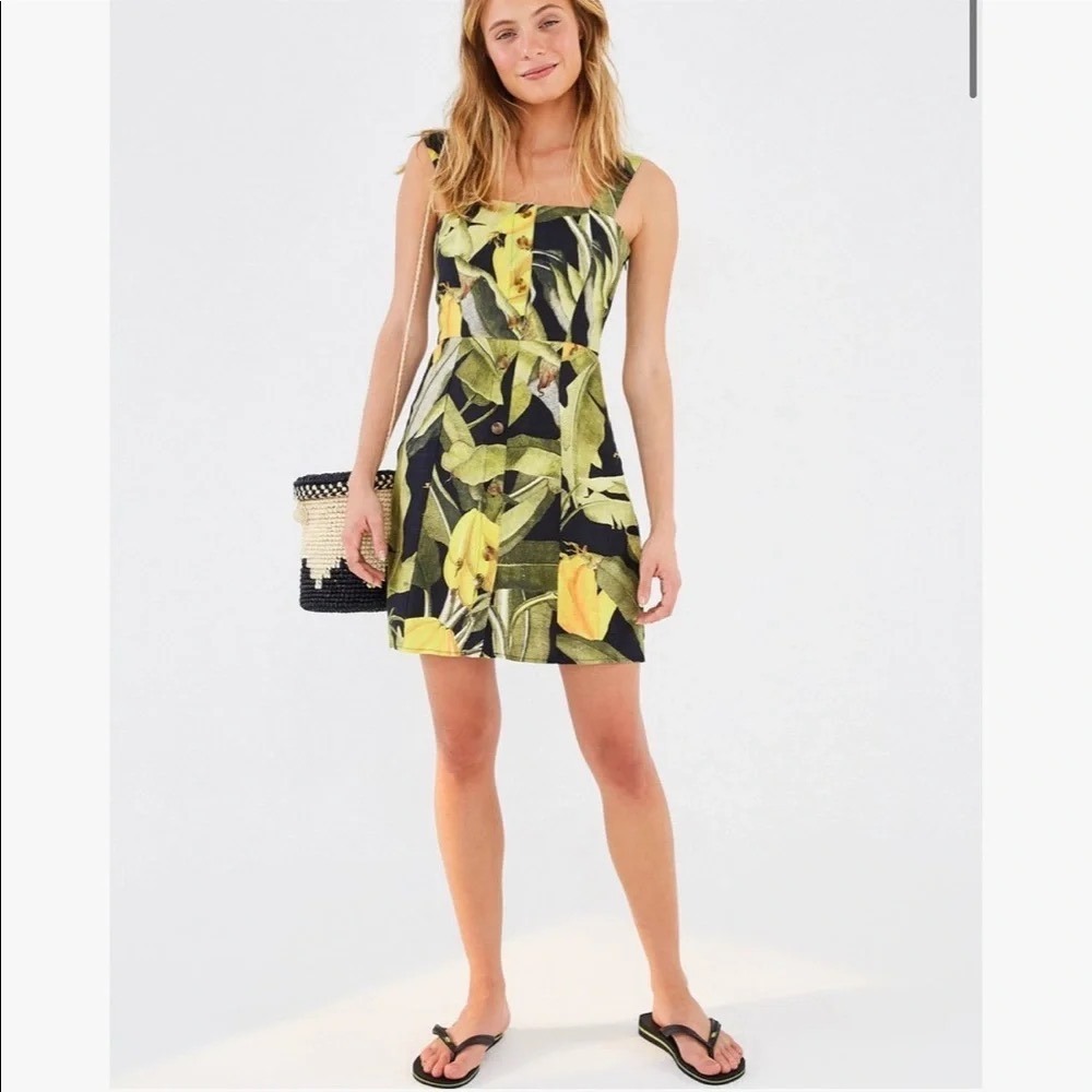 Farm Rio Tropical Banana Craze Leaf Print Linen Mini Dress Green Yellow Size M